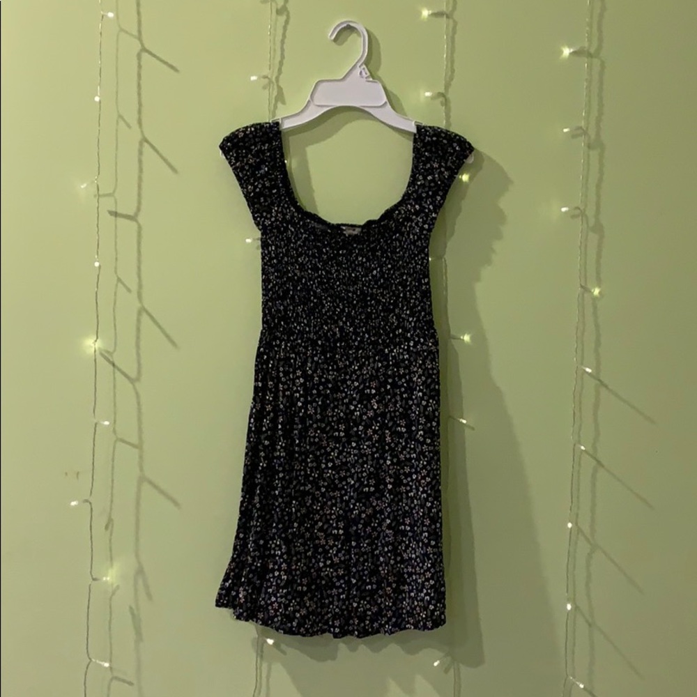 Black floral print off the shoulder dress